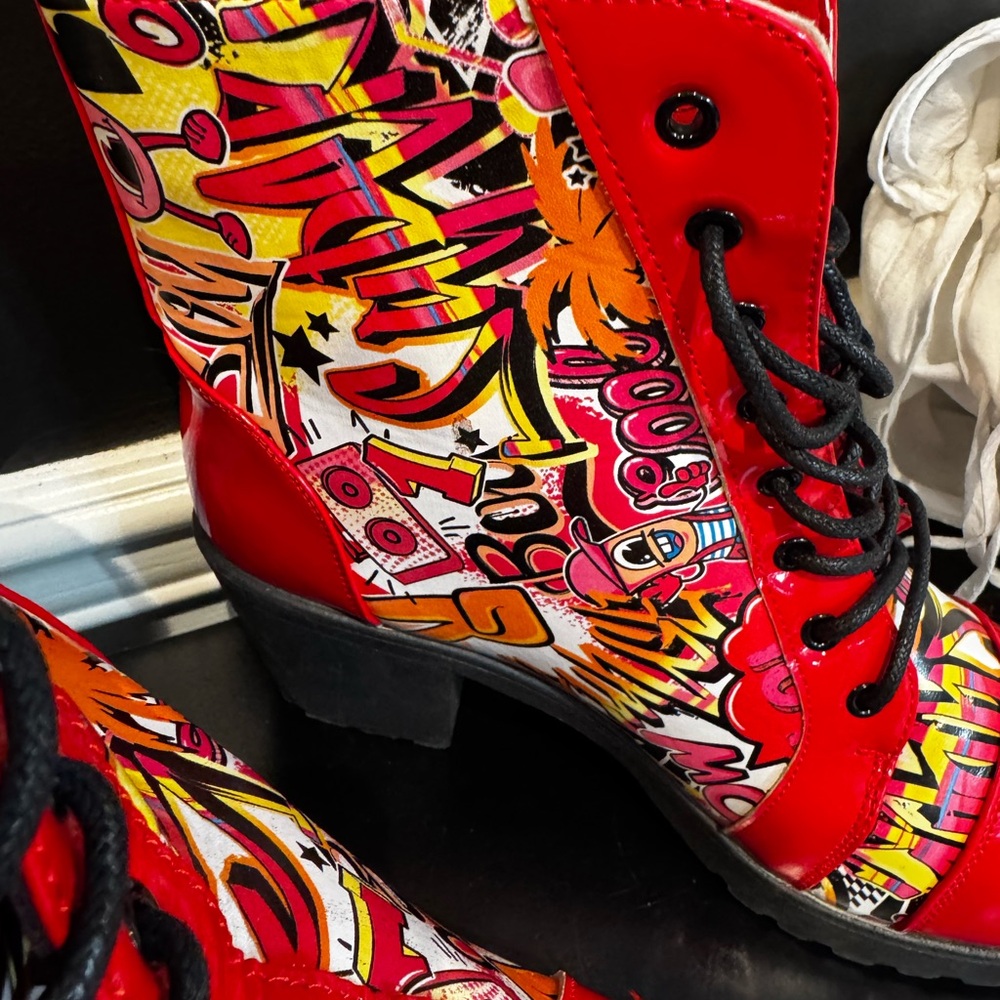 Ashley Blue Red Graphic Combat Boots - Picture 6 of 8